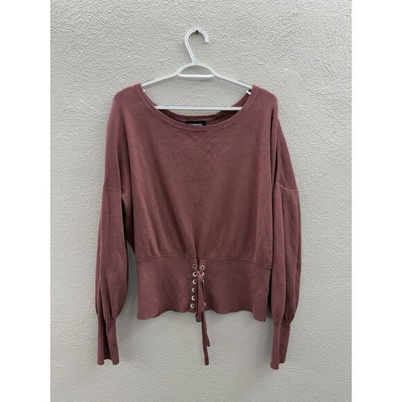 Express Womens Sweater Shirt Size Large Pink Long Sleeve Tie Detail Waist - Picture 1 of 10